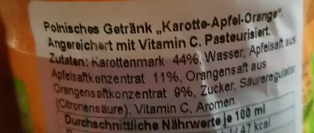 Kubus 900ML Mar / Jab / Pom ingredients label
