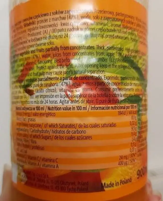 Kubus 900ML Mar / Jab / Pom nutrition facts table