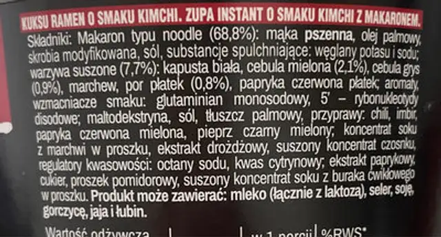 Zupa Instant Z Makaronem O Smaku Kimchi ingredients label
