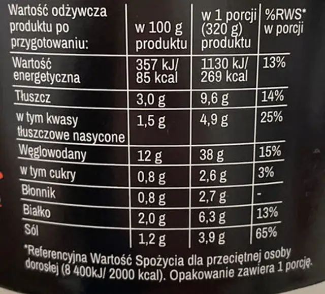 Zupa Instant Z Makaronem O Smaku Kimchi nutrition facts table