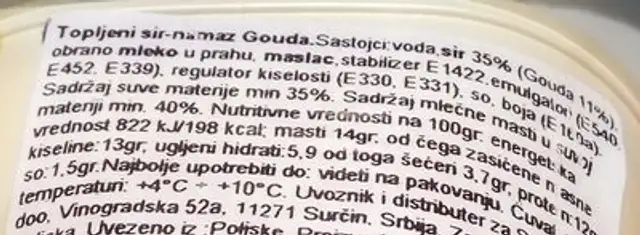 Beurre Gouda Ser Topiony ingredients label