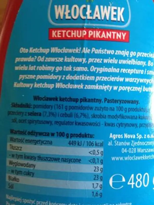 Wloclawek Hot Tomato Ketchup ingredients label