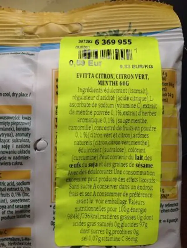 Evita citron menthe ingredients label