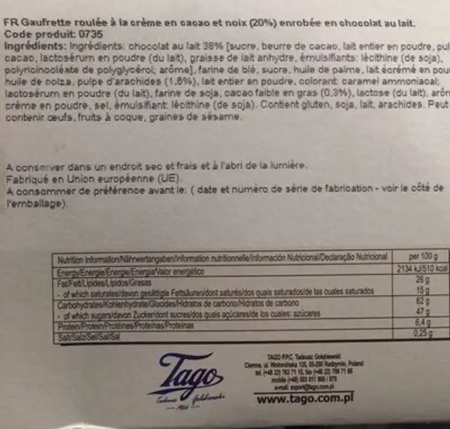 Tago Milk Chocolate Crisps 140G ingredients label