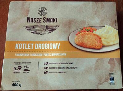 Kotlet drobiowy z puree i marchewką z groszkiem front packaging