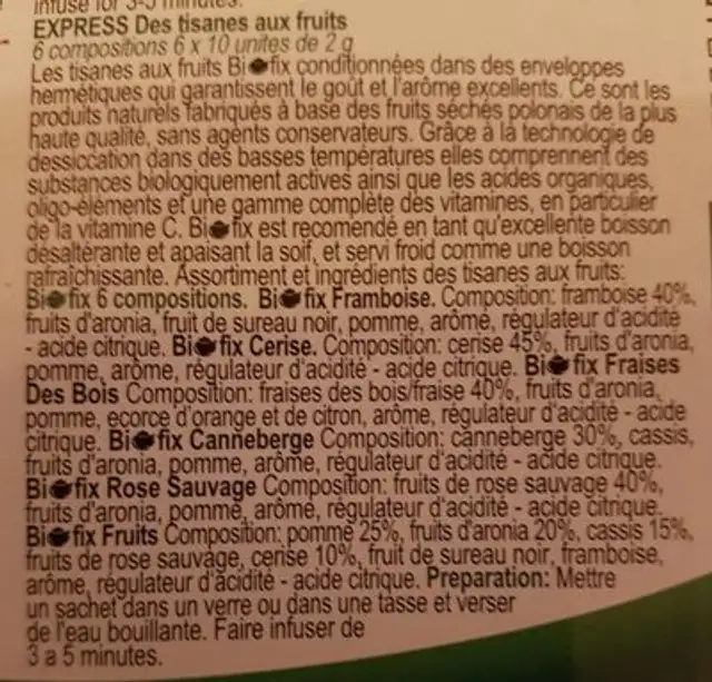 Herbatka z owoców ingredients label