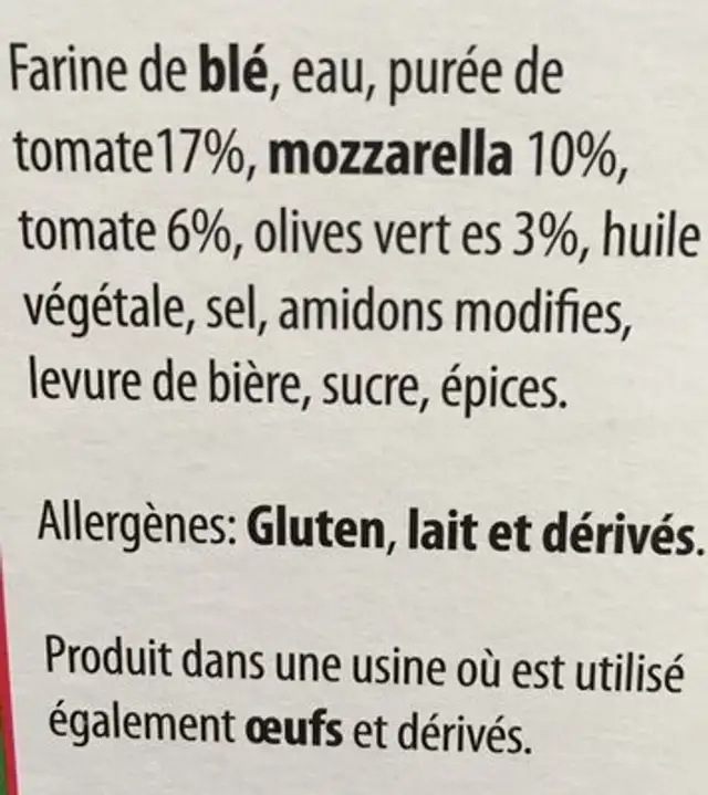 Pizza Verona ingredients label