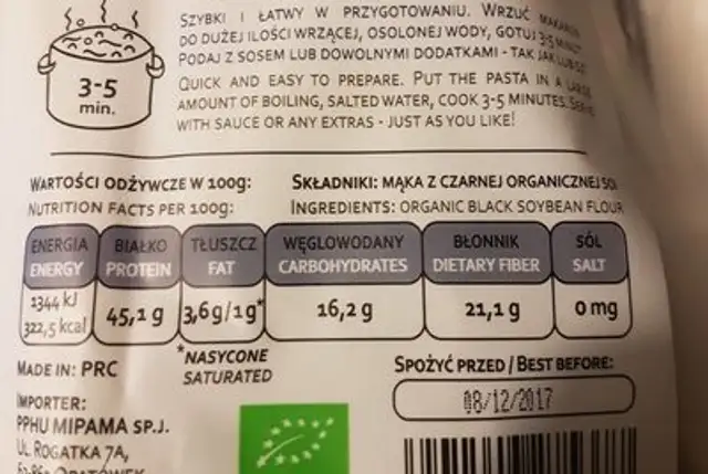 Black soybean spaghetti nutrition facts table
