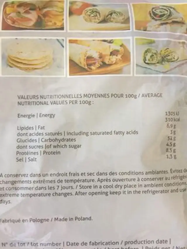 Tortilla Mesa Pszenna 25CM 420G ingredients label
