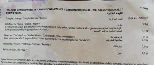 Tortillas de Blé nutrition facts table