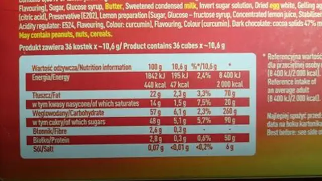 Ptasie Mlecz. cytrynowe 380G Wedel ingredients label