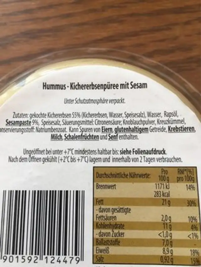 Hummus ingredients label