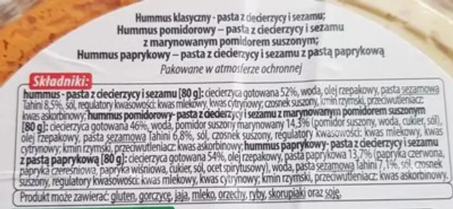 Hummus Vital fresh ingredients label