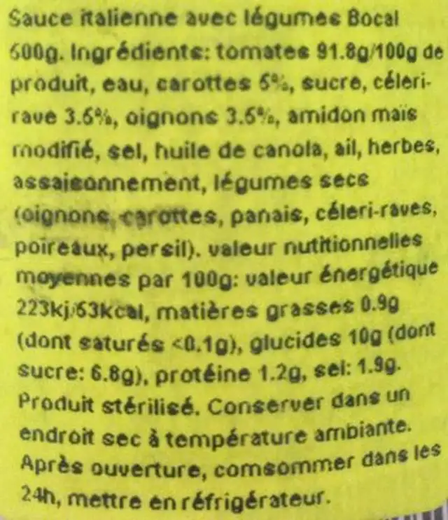 Sos W?oski z Warzywami Mi?dzychód ingredients label