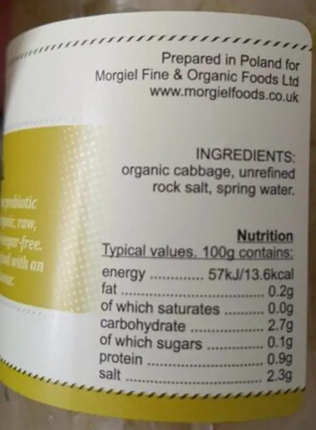 Sauerkraut nutrition facts table