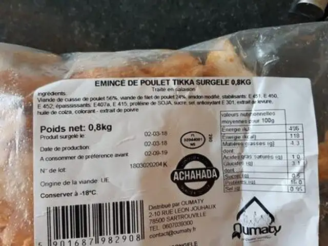 Émincé de poulet tikka surgelé ingredients label
