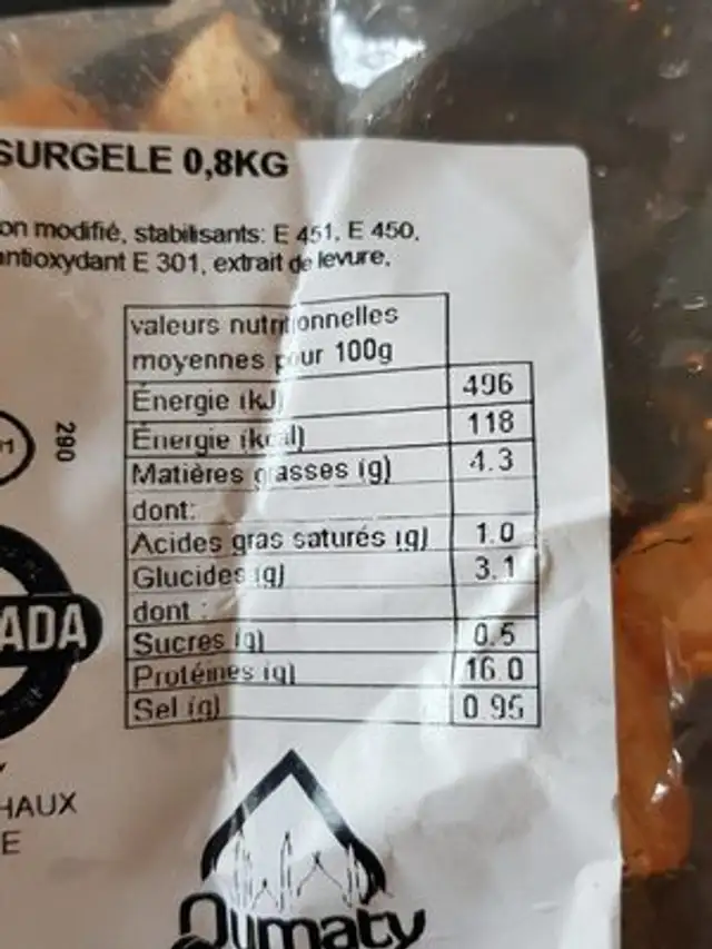 Émincé de poulet tikka surgelé nutrition facts table