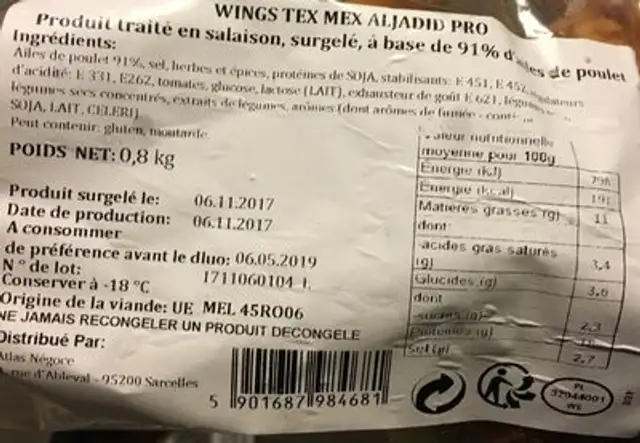 Wings Tex Mex ingredients label