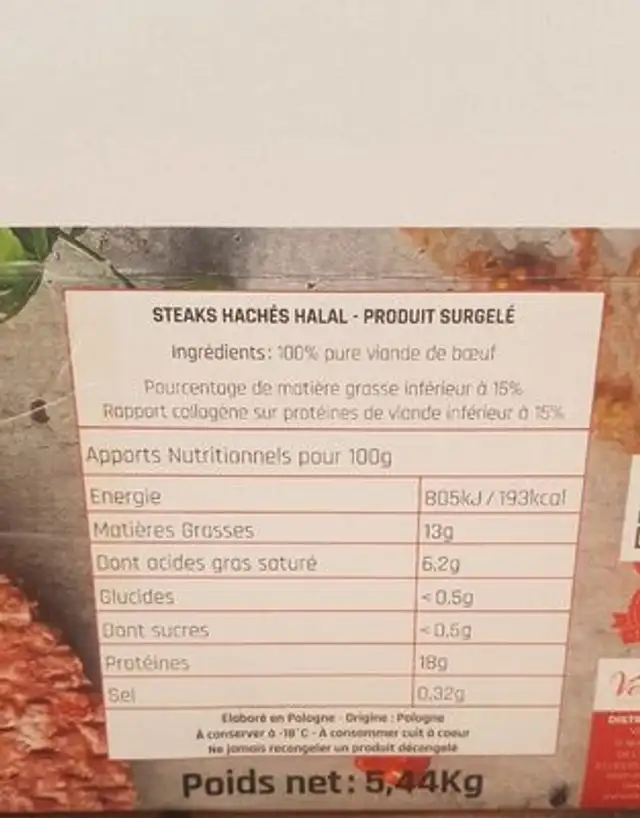 Steak Hachés Gaufres nutrition facts table
