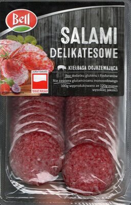 Delicatessen ripened salami. Pork sausage, finely minced, rali, ripening, dried, smoked, sliced. front packaging