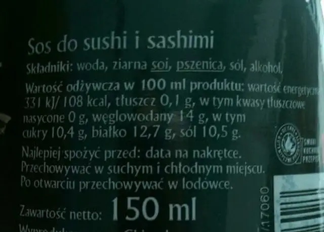 Sos Do Sushi I Sashimi 150ML ingredients label