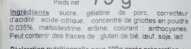 Gelée en poudre à la griotte ingredients label