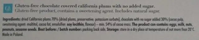 Sliwka Kalifornijska W czekoladzie ingredients label