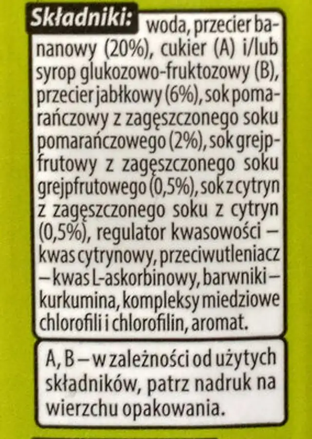 Zielony banan ingredients label