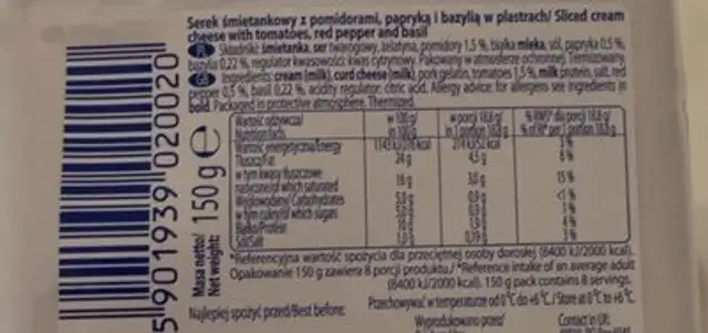 Serek smietankowy nutrition facts table