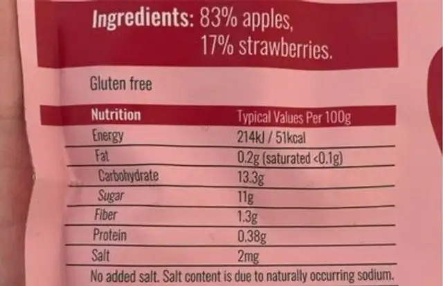 Very strawberry nutrition facts table