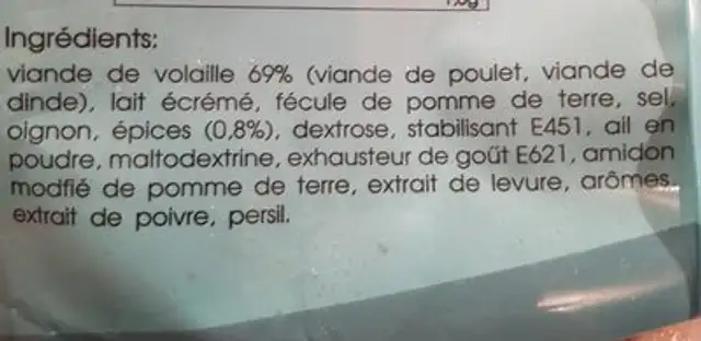 Lamelles de kebab ingredients label
