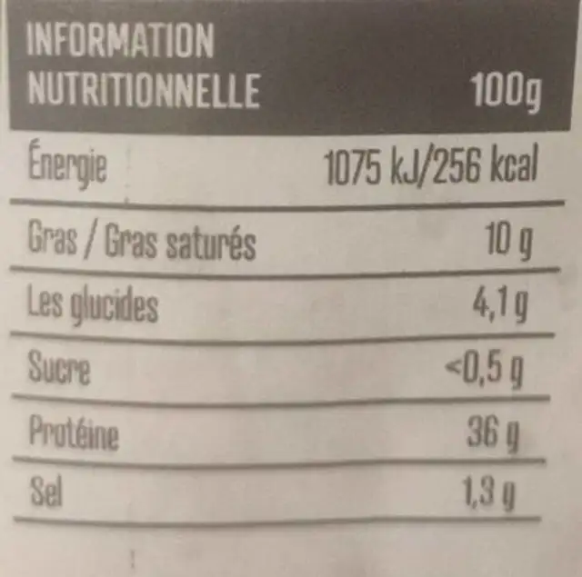 Lamelles de kebab au poulet nutrition facts table
