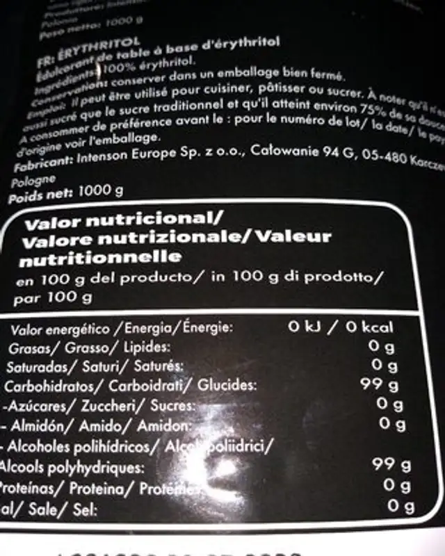 Erythritol nutrition facts table