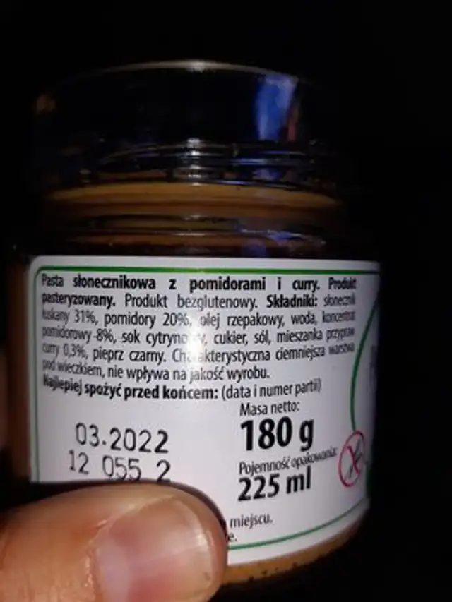 pasta ze slonecznika ingredients label