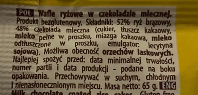 Sonko Wafle Ryå»owe W Czekoladzie Mlecznej ingredients label