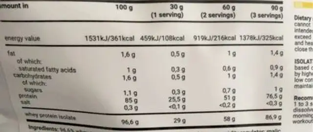 Isolate nutrition facts table