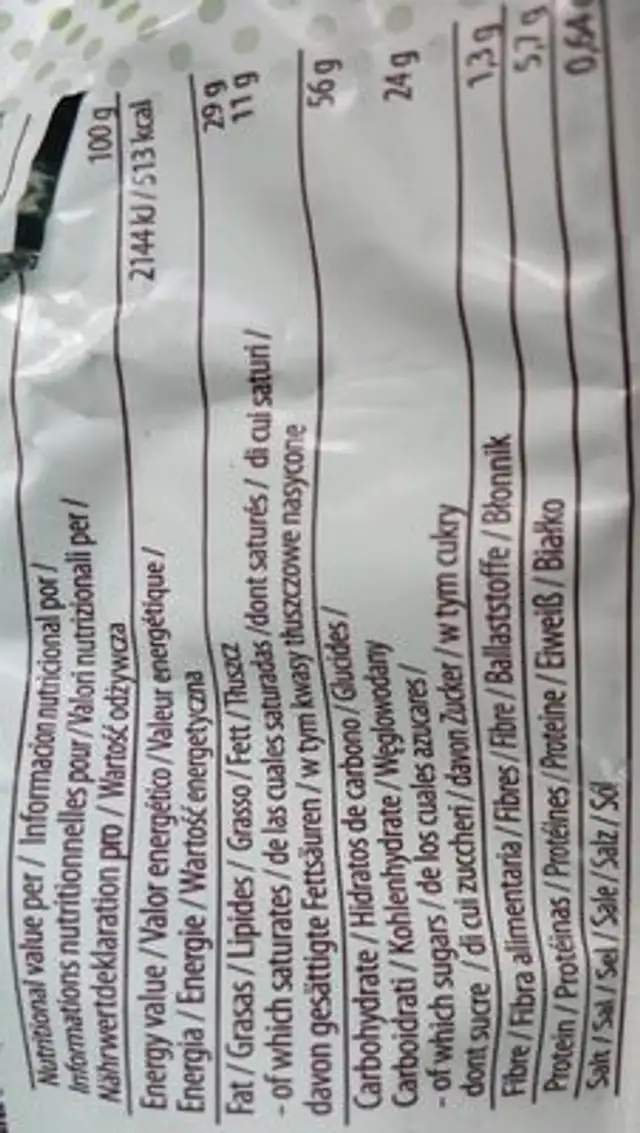 Crunchy milk chocolate & hazelnut nutrition facts table