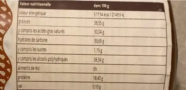 Chocolat wheycream nutrition facts table