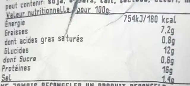 Tender de poulet nutrition facts table