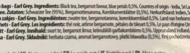 Earl Grey Tea 20 Pyramid Tea Bags ingredients label