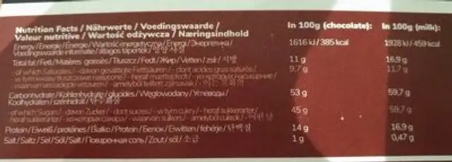 Chocolate (Café René cremé) nutrition facts table