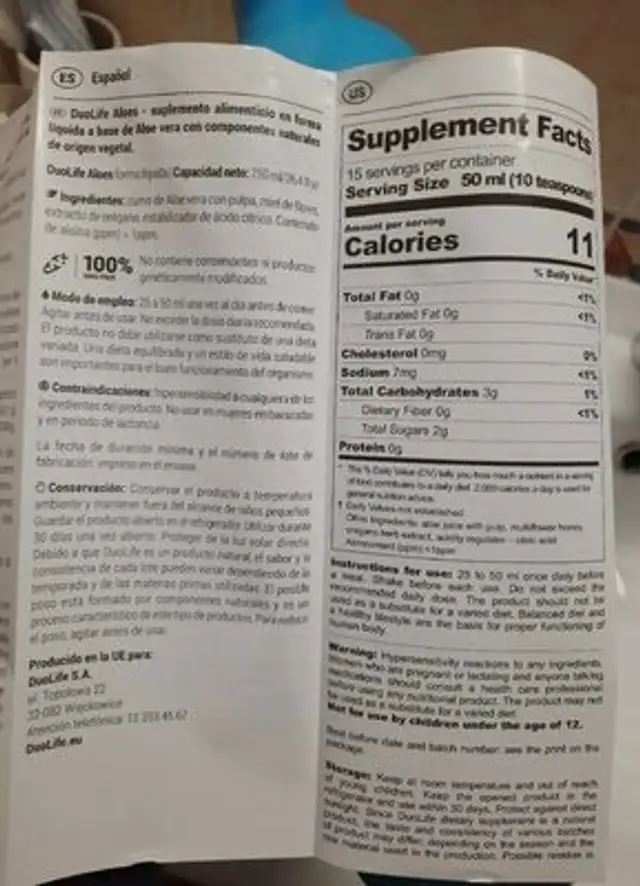 Aloes nutrition facts table