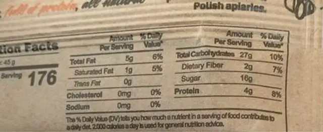 Bee strong nutrition facts table