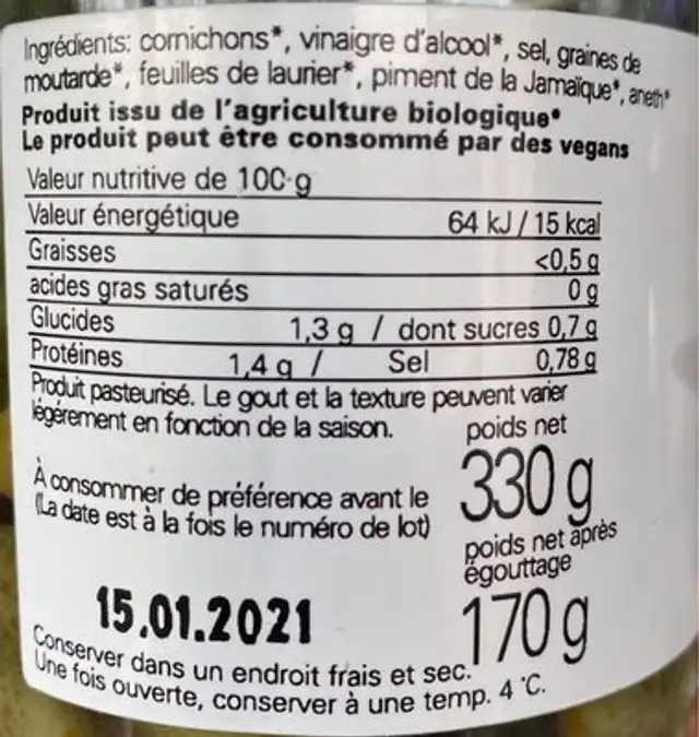 Cornichon extra-fins nutrition facts table