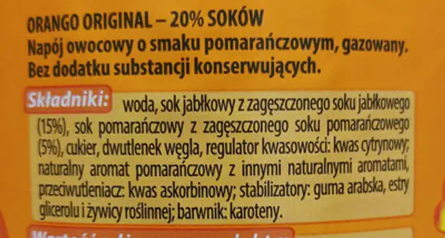 Orango ingredients label