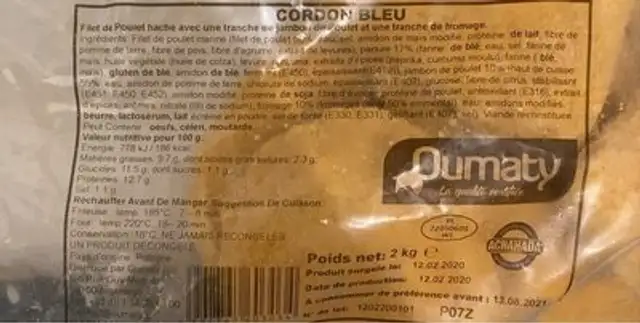 Cordon Bleu nutrition facts table