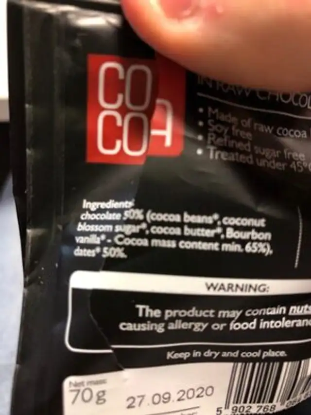 Dates in raw chocolate ingredients label