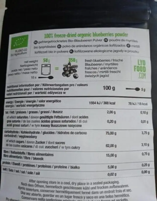 Poudre de myrtilles nutrition facts table