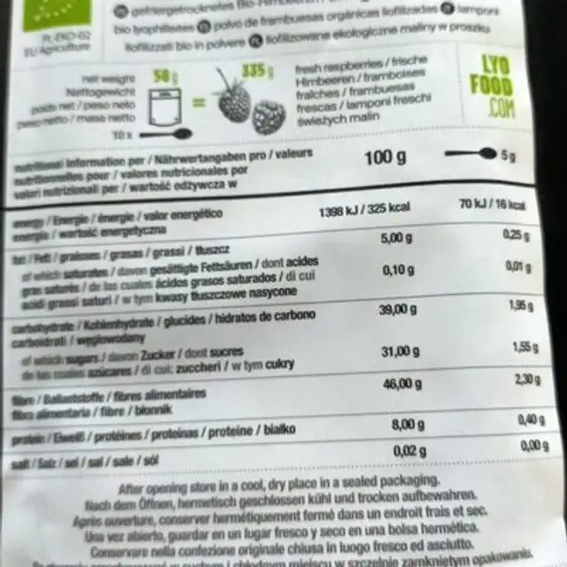 Poudre framboise nutrition facts table