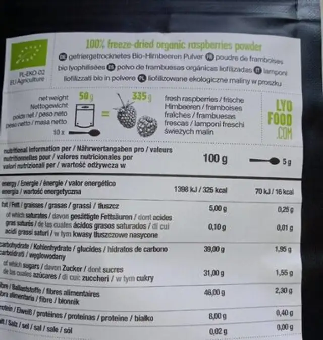 Poudre de fruit nutrition facts table